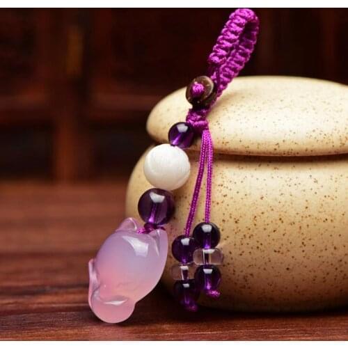 Natural Chalcedony Crystal Stone Fox Pendant Car KeyChain Hand-carved Bodhi Lotus Lucky Amulet Keyring Gifts for Men Women Gifts