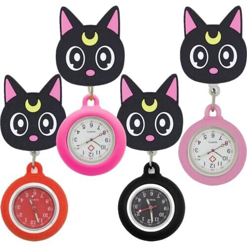 Black Moon Cat Lovely Cartoon Silicone Stretchable Pocket Watches Nurse Doctor Dress Hospital Medical Quartz Hang Watch Clock