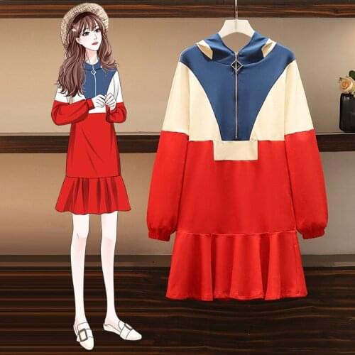 EHQAXIN Womens Hoodie Dressrs 2021 Autumn Winter Fashion Contrast Color New Style Zipper Ruffle Loose Mid-Length Dress M-3XL