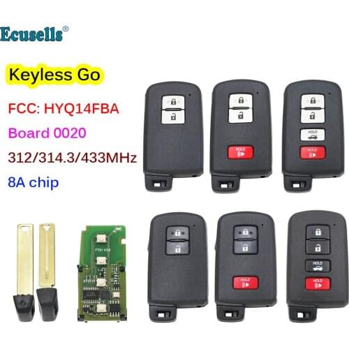 Smart Remote Key Fob 312/314.3/433MHz 8A Chip Keyless Go for Toyota RAV4 Camry Corolla Avalon Aurion Board 0020 FCC HYQ14FBA
