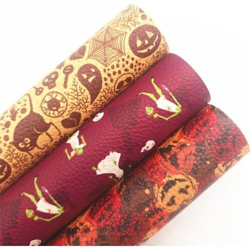 Halloween Cats Skeletons Pumpkins Printed Litchi Synthetic Faux Leather Vinly Fabric Sheets Felt Backing For DIY Bows 6S10B