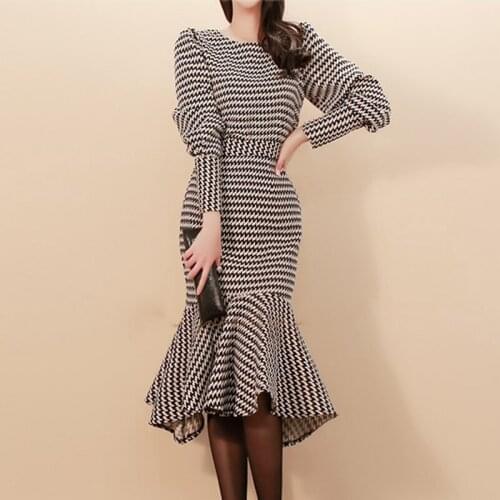 Seiwnibu Winter New two-piece Sets Korean temperament Slim houndstooth top+ Sexy fishtail skirt suit