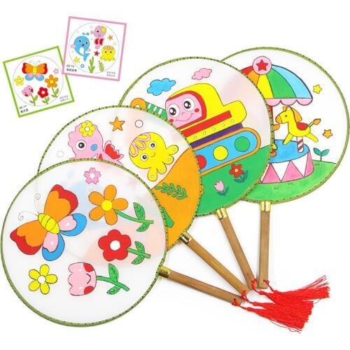 Round Fan Handicraft Children DIY Handdrawn Blank Fan Painting Palace Fan Kids Handmade Kindergarten Creative Art Material Props
