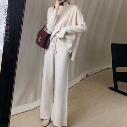 LANMREM 3 Pcs Fashion Sweater Set Womens Autumn Winter Knitted Wide Leg Pants With Half High Collar Top Female Elegant 2C426