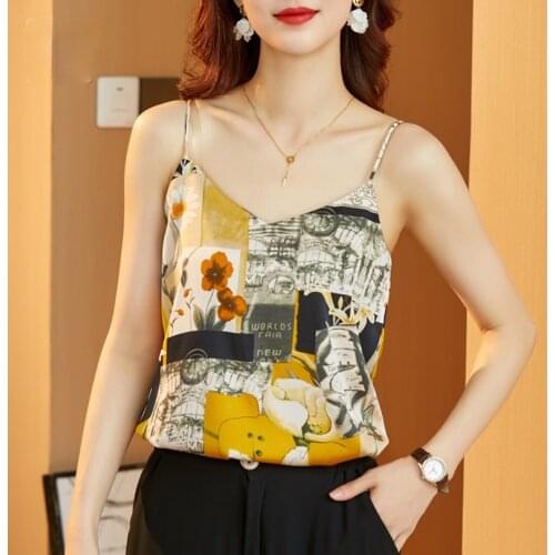 MOYISU 2021 New Summer Womens Chiffon V-Neck Sling chiffon Printed small sling Sleeveless Blouse womens tops