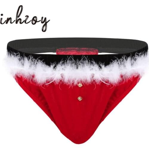Men Lingerie Red Soft Velvet G-string Thongs Fancy Costume Santa Christmas Underwear Xmas Party Rave Panties Hot Sexy Underpants