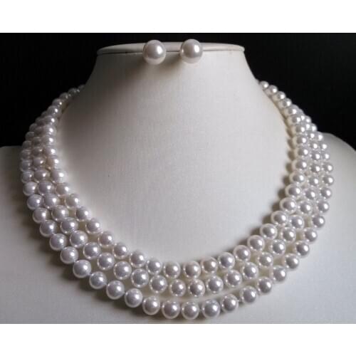 Natural jewelry Womans gift 3 Rows AAA 8mm white south sea shell pearl necklace Earrings 17-19" long Grade hook