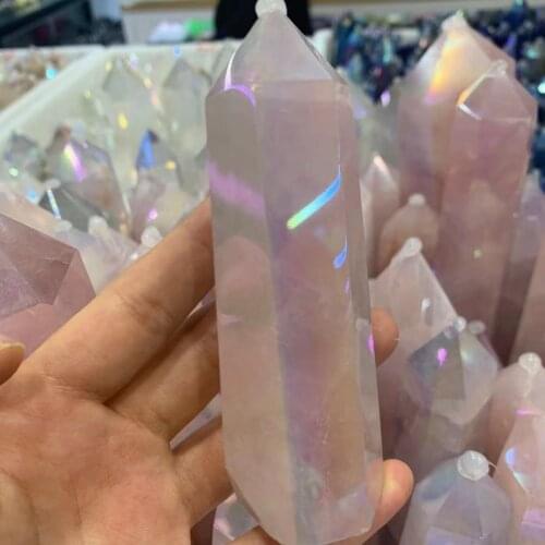 Natural pink crystals aura clear quartz wand point tower healing stones