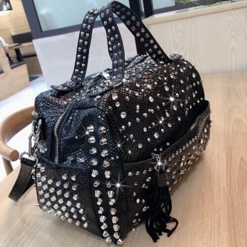 New Personality Fashion Retro Leopard Rhinestone Handbag Rivets Shoulder Bag Ladies Casual Big Totes Crossbody Messenger Bag