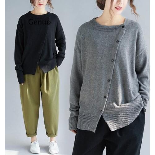 Autumn New Solid Color O-Neck Long Sleeve Knitting Tops Single-Breasted Loose Casual Pullover Women Sweaters