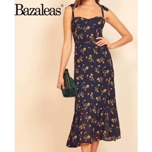 Bazaleas Retro Sleeveless Back Elastic Dresses Vintage Navy Midi Women Dress Elegant Tulips Print Spaghetti Strap Vestidos