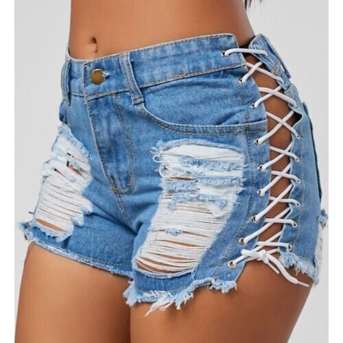 Sexy Summer Women Denim Shorts 2021 New Black Blue High Waist Ripped Short Jeans Femme Tassel Lace Up Bandage Hotpants