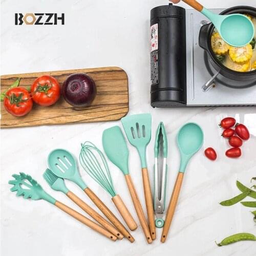 BOZZH Silicone Kitchen Cookware High Temperature Resistant Non-Stick Wooden Handle Spatula Shovel Tool Cooking Utensils Set