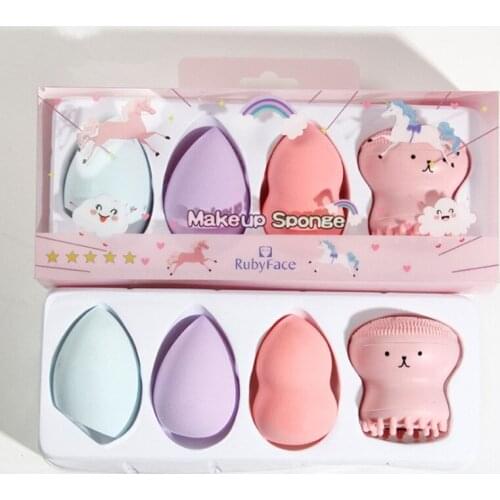 4PCS Beauty Makeup Sponge Tool Set Silicone Facial Washing Brush Facial Skin Care Cleaning Blender Wet&dry Use Cosmetic Puff