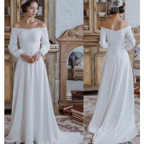 Sweep Train Sheath Wedding Dress 2021 French Soft Satin Sexy Off Shoulder Long Sleeve Bridal Gowns vestidos de mairee Wedding