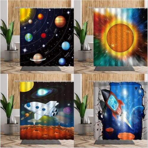 Creative Solar System Bathroom Shower Curtain Cartoon Moon Planet Rocket Pattern Bath Decors Childen 3D Wall Fabric Curtains Set