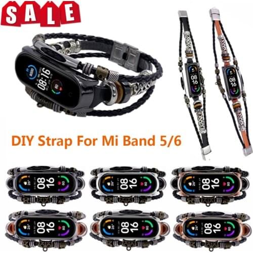 Vintage Leather Bracelet For Xiaomi Mi Band 3 / 4 / 5 / 6 Strap Retro Wristband For Mi Band 6 / 5 / 4 / 3 Weave Rope Bands