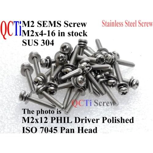 Stainless Steel SEMS screws M2x12 Pan Head 0# Phillips Driver Polished ROHS 100 pcs