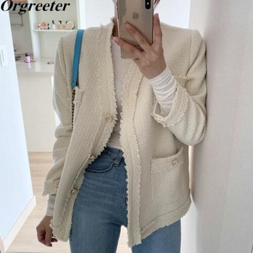 Autumn Winter Quilted Coats Korean Temperament V-neck Fringed Tweed Womens Jacket Long Sleeve Patchwork Fashion Clothes Coat