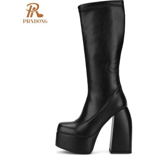 2021 New Womens Boots Black Mid-Calf Boots High Heels Thick Platform Boots Womens Shoes with Zipper Concise Motorcycle Punk