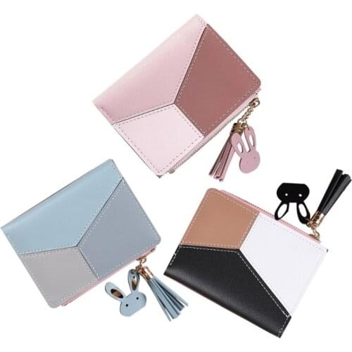 D0LF Womens Short Small Wallet Ladies PU Leather Zipper Coin Card Holder Patchwork Money Purse Mini Handbag