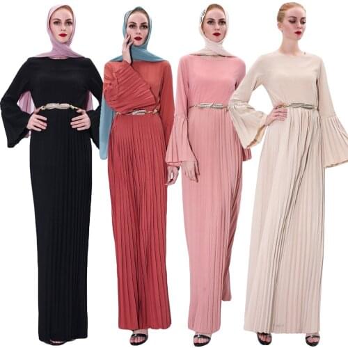Fashion Abaya Dubai Muslim Women Pleated Dress Flare Sleeve Robe Turkish Kaftan Sashes Belted Party Gown Islamic Clothing Jilbab