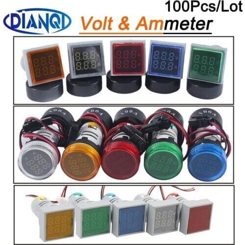 100PCS Mini 22mm Round AC 60-500V 0-100A Square LED Digital Volt Ammeter Voltage Current Meter Gauge Voltammeter Car Motorcycle