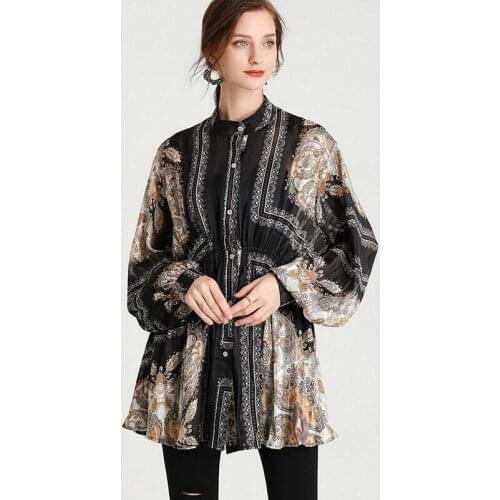 Batwing Sleeve Blouse Tops Plus Size XL-4XL 2021 Spring Summer Vintage Chiffon Print Half Turtleneck Elastic Waist