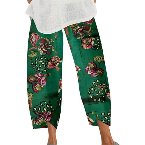 Flowers Print Elastic Waist Workout Sports Wide Leg Pants Capri Pants for Women Ethnic Style Print Sports Wide Leg Trousers