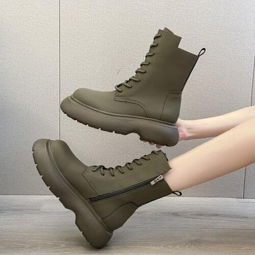 Black Boots Round Toe Shoes Lace Up Luxury Designer Boots-Women Flat Heel Autumn High Heel Fashion Ladies Rock 2021 Lolita Cross