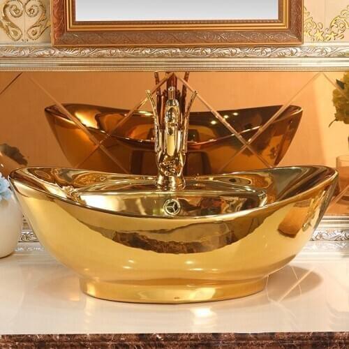 Europe Vintage Style Hand Painting Art wash basin bathroom sinks Countertop hand painted basin golden glazed oval