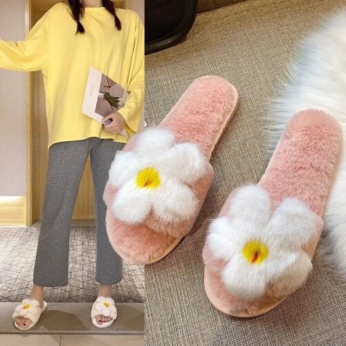 Cotton Slippers Female Cute Plush Winter Indoor Girl Heart Big Flowers Sweet Home Thick Bottom Furry Slippers