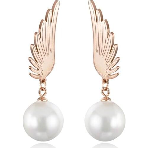 Classic Titanium Steel Angel Wings Earrings Jewelry Rose Gold Simulated Pearl Wedding Stud Earrings For Women JE18035