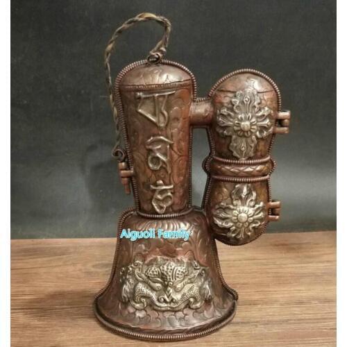 Collectibles 100% Tibetan traditional items craft,Tibetan Buddhist temple Decoration Copper Hand Bell Vajra Set With Box