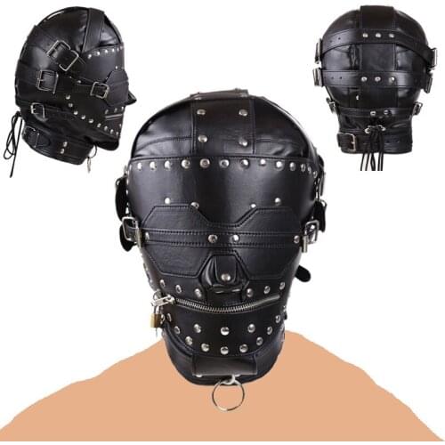 Leather Rivet Hood Mask BDSM Full Head Bondage Gimp, Sex Slave Blindfold Zipper Lock Mouth Halloween Mask Couple Cosplay Sex Toy