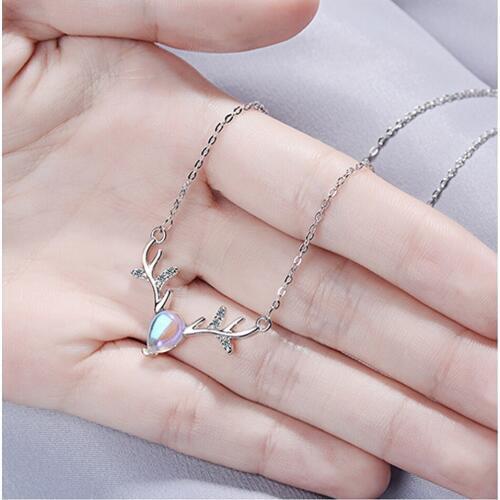 Creative Christmas Jewelry 925 Sterling Silver Moonstone Elk Deer Pendants Necklaces For Women Chain Statement collares