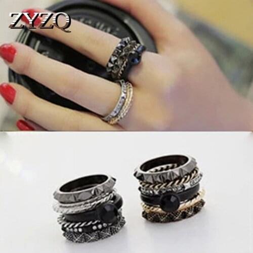 ZYZQ Vintage Hyperbole Women Accessories Jewelry Ring Set Black Series Euro Style Six-Pieces With Stone Setting Wholesale Lots