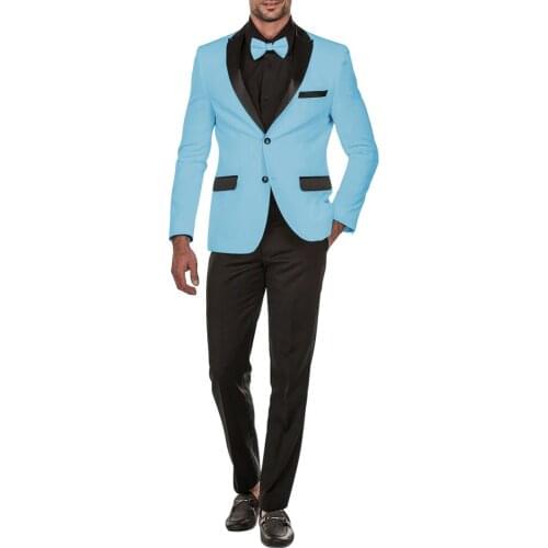 Newest Men Suits Light Blue and Black Groom Tuxedos Peak Lapel Groomsmen 2 Pieces Wedding Best Man ( Jacket+Pants+Tie ) C994