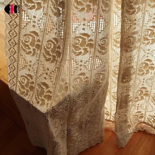 Retro Boho Chic Beige Crochet Knitting Curtains for Bedroom Floral Rose Hollowed Parlor Villa Cafe Patio Wedding Decroation