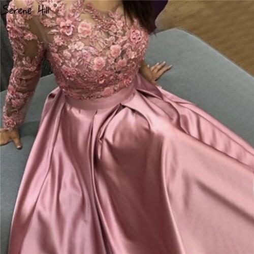 Pink Handmade Flowers O-Neck Evening Dresses Satin Long Sleeves A-Line Evening Gowns 2021 Serene Hill LA70256