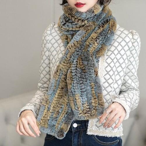 Lengthened natural real Rex Rabbit Fur Scarf fur integrated knitting Bib warm in autumn and winter Unisex for men and women