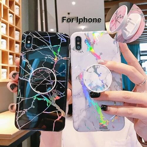 New Fashion TPU Silicone Glossy marble Laser Case Cover For Iphone 11 XS Max XR X 7 8 Plus 6 6S Plus With Fold Holder Case Cover