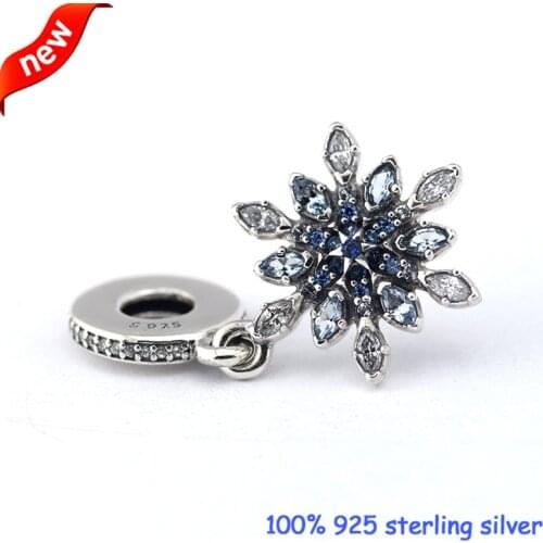Snowflake Silver Charms With Blue CZ New 925 Sterling Silver Beads DIY Jewelry Wholesale 09310