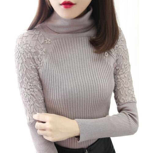 Autumn Winter Women Turtleneck Sweater New Lace Panel Long Sleeve Sweater Pullover Pull Knit Bottoming Shirt Elegant Female Tops