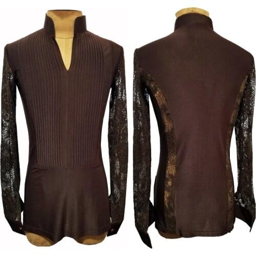 Latin Dance Tops Male Adult Latin Competition Clothes Lace Sleeves V Neck Standard Dance Costume Cha Cha Salsa Shirts DNV15143