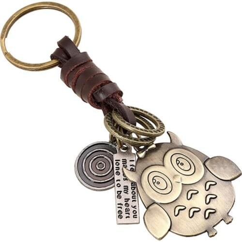Vintage woven leather keychain bronze owl pendant wild car keychain pendant key ring