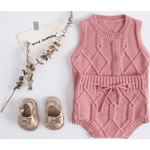 Vintage Wheat ears knitted design newborn baby clothing set sleeveless cotton vest+adjustable belt shorts suit for girls outfits