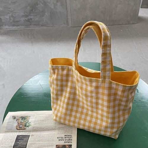 Japanese Plaid Double-sided Canvas Lunch Bag Women Cotton Picnic Storage Bag Portable Lunch Box Small Kids Pouch Mult Food Bags