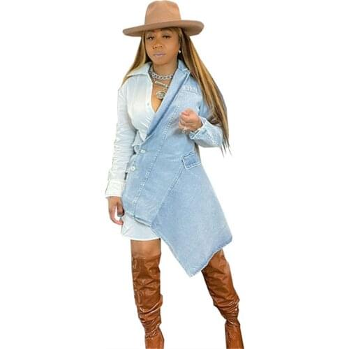 RStylish 2021 Women Autumn Clothes Irregular Denim Patchwork Long Sleeve Shirt Party Nightclub Mini Dresses