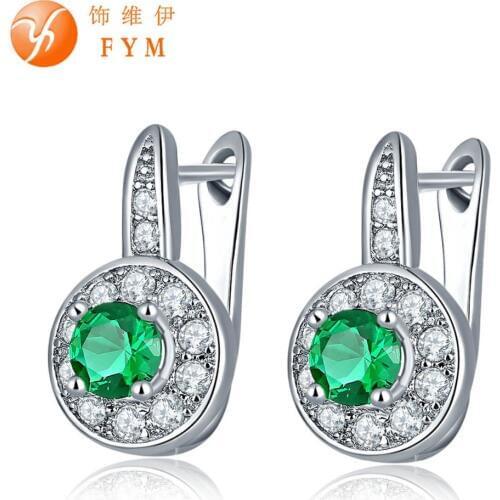 FYM Luxury 7 Colors Sliver Color Hoop Earrings Fashion Round Cut Green Zircon & Micro Paved Clear White Zircon Women Earrings